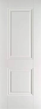 The two panels can be in any arrangement on the door (typically either vertically split or horizontally split) and they don't have to be symmetrical either. Arnhem 2 Panel White Primed Trading Doors