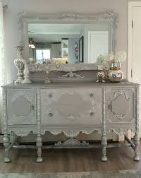 Beautiful Vintage Jacobean Buffet And Mirror Repurposed Upcycled And Refinished White And Gray Chalk Paint Mixe Furniture Shabby Chic Dresser Chic Furniture