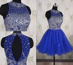 Ball Gown High Neck Open Back Short Royal Blue Tulle Beaded Prom Dress Royal Blue Dresses Prom Dresses Blue Beaded Prom Dress