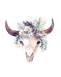 Bull Skull With Flowers Wreath Fine Art Print Watercolor Painting Art Daisies Lavender And Eucalyptus Flowers On Skull Mo Bull Skull Tattoos Bull Tattoos Art