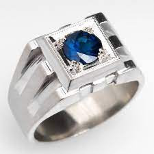 Vintage Geometric Mens Sapphire Ring 14k White Gold Mens Sapphire Ring Rings For Men Mens Jewelry