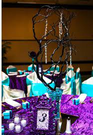 Purple And Turquoise Wedding Tablescape Created The Manzanita Centerpieces With Cr Turquoise Wedding Decorations Purple Turquoise Wedding Wedding Centerpieces