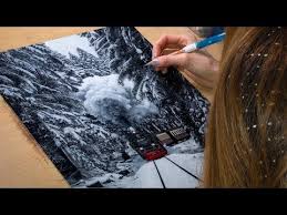 Steam train with dog and gift. Drawing A Winter Landscape Steam Train Paintingtube