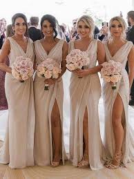 Sheath V Neck Open Back Champagne Split Long Prom Dresses With Train Cr 7113 In 2020 Champagne Bridesmaid Dresses Off Shoulder Bridesmaid Dress Wedding Dress Champagne
