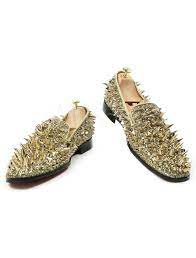 Hit the dancefloor in prom shoes that pop! Mens Loafers Gold Prom Shoes Round Toe Leather Rivets Slip On Spike Shoes Milanoo Com