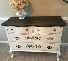 Vintage Oak Dresser With Ebony Stained Top And Distressed Antique White On Case And Drawer Fronts Black Hardware And Oak Dresser Redo Furniture Drawer Fronts
