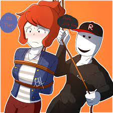 1boy 1girls acorn hair black cap black eyes black hat black pants  black shirt black sleeves blue jacket blue sleeves blush bondage breasts  cap clothed clothed female clothed male