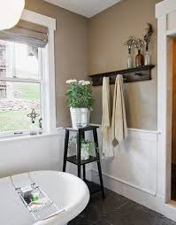Tan Walls White Trim Dark Wood Decor I Would Also Add Aloe Green Accents Love This Neutral Bathroom White Wainscoting Taupe Bathroom Tan Walls