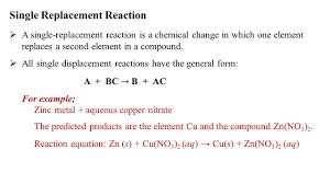 The single replacement reaction is carried out in the interaction of a simple substance with a complex. Chemical Reactions Combination Reactions Single Replacement Reactions Combustion Reactions Decomposition Reactions Double Displacement Reactions Ppt Download