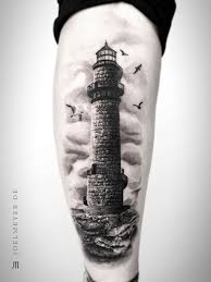 Black And White Realism Tattoo Sleeve Lighthouse Realistic Tattoo Black And Grey Joel Meyer Black Tattoos Lighthouse Tattoo Black And Grey Tattoos