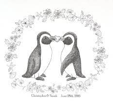 Custom Print Penguin Wedding Personalized Illustration Unique Wedding Gift For Couple Black White Wall Art Personalized Art Print Penguin Art Penguin Wedding