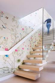 This is some basic guidelines on where to start papering and pattern matching. Floating Stairs Glass Walls Floral Print Wallpaper Stairway Wall Best Ways To Incorporate Floral Print Wallpaper In Any Decor Home Decor