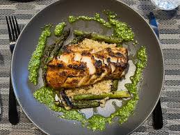 Stadler-roasted sablefish and asparagus, with quinoa and arugula pesto.