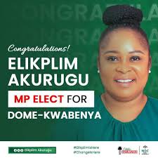 EC Declares Madam Faustina Akurugu Elikplim Winner for Dome-Kwabenya  Constituency My name is James Zakaria Kofi, the Returning Officer for the  Dome-Kwanenya Constituency. Just like the Chairperson has said, we have  arrived