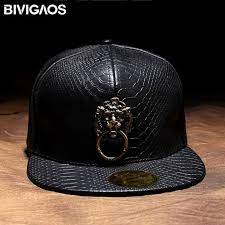 New Metal Sculpture Lion Head Snapback Hats Snakeskin Leather Hip Hop Cap Men Punk Style Baseball Caps For Men Women B Snakeskin Leather Hats For Men Swag Hats