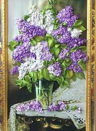 Ribbon Embroidery Picture Lilac Bouquet Is Framed 3d Flowers Purple Wall Decor Purple Walls Flower Bedroom