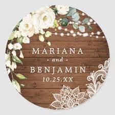 Elegant White Roses Lace Rustic Wood Wedding Classic Round Sticker Zazzle Com Wedding Stickers Labels Wedding In The Woods Wedding Stickers