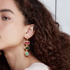 Innana Gemstone Drop Earrings With Ruby, Emerald And Aqua Chalcedony