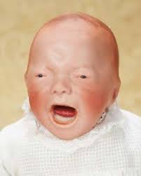 These screaming baby dolls made from bisque porcelain by German doll maker  Kestner from the 1920s. Johannes Daniel Kestner, Jr., began producing  high-quality dolls with papier-mâché heads and peg-jointed wooden bodies in