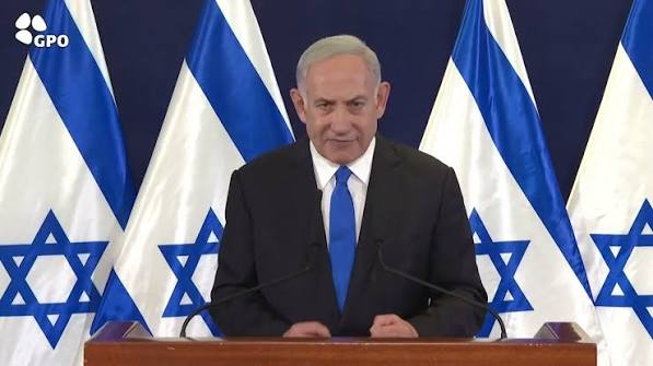 Israeli Prime Minister Benjamin Netanyahu delivering a press statement.