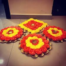 Artificial flowers wholesale10 head marigold wedding decoration fake flowers. Artificial Marigold Flower Rangoli Mat With Golden Gota Work And Lite Candle Holder Mango Galore