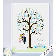Un árbol de los deseos donde puedan firmar los invitados es un elemento que podrás conservar mucho tiempo, e incluso te servirá como decoracion. Arbol Huellas Pareja Novios Lamina Boda