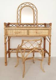 Vintage Bamboo Rattan Dressing Table Set Padded Stool Mirror Bohemian Retro Bamboo Furniture Diy Dressing Table Set Rattan