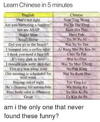 It includes topics like asking for direction. Learn Chinese In 5 Minutes English That S Not Right Are You Harboring A Fugitive See Me Asap Stupid Man Small Horse Did You Go To The Beach Chinese Sum Ting Wong Hu