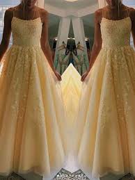 Pretty Looks A Line Tulle Applique Spaghetti Straps Long Yellow Prom Dresses In 2020 Prom Dresses Yellow Ball Gowns Dresses