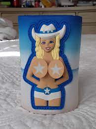 Cowgirl Bouncing Boob Can Koozie Huggie Cooler Blonde Hair, White Hat &  Bottoms 