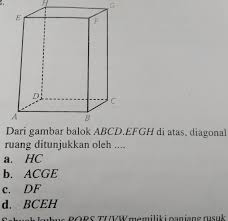 Dari Gambar Balok Abcd Efgh Di Atas Diagonal Ruang Ditunjukan Oleh A Hc B Acge C Df Brainly Co Id