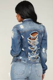 Womens Black And Blue Denim Jacket Distressed Chain Back Denim Jacket Medium Blue Wash Denim Jacket Denim Jacket Fashion Vintage Denim Jacket