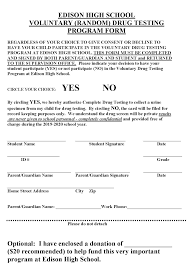 A hair drug test does not detect alcohol use. Voluntary Random Drug Testing August Mandatory Registration Forms Edison High School