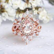 Pear Morganite With Halo Twist Infinity Shank Wedding Ring Set Iceland Morganite Engagement Ring Vintage Wedding Rings For Women Morganite Engagement Ring