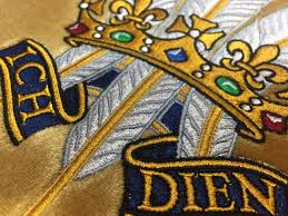 Prince of wales' feathers three white feathers are encircled with a coronet, inscribed with the german words ich dien ('i serve'). Prince Of Wales Feathers Extra Large Embroidery In Perivale And West London