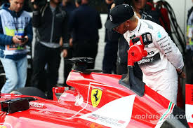 Lewis Hamilton Mercedes Amg F1 Looks At The Ferrari Sf15 T Of Sebastian Vettel Ferrari In Parc Ferme At Russian Gp Form Lewis Hamilton Ferrari Mercedes Amg
