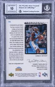 Check spelling or type a new query. Lot Detail 2003 04 Ud Exquisite Collection Rookie Patch 76 Carmelo Anthony Signed Patch Rookie Card 38 99 Bgs Nm Mt 8 Bgs 10
