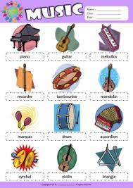Activities include quizzes, wordsearches, crossword puzzles, jumbled letters and more to help students learn about the instruments of the orchestra. Musical Instruments Esl Printable Worksheets For Kids 1