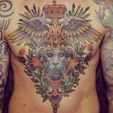 Consequently, angel wings are perceived to be a symbol of god's existence. Unusual Designed Colored Fantasy Lion Tattoo On Chest Combined With Flowers And Wings Tattooimages Biz