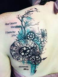 Compass Clock Cherry Blossom And Tree Trash Polka Back Tattoo Steampunk Tattoo Tattoos For Guys Tattoos For Women