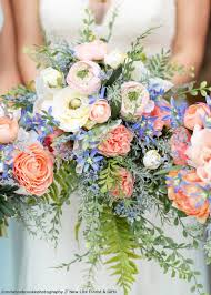 Summer Wedding Bouquet Featuring Pink Blue And Coral Hues Blue Wedding Flowers Simple Wedding Flowers Summer Wedding Bouquets