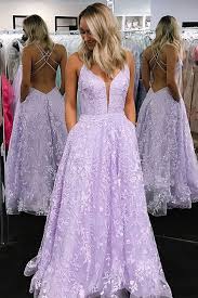The range of purple shades can be worn year round but we recommend wearing a light purple dress like a lavender dress to your daily events and choose light purple bridesmaid dresses from our bridesmaid sections and a darker purple. A Line V Neck Lilac Long Prom Dress With Appliques Backless Prom Dresses Lilac Prom Dresses Lavender Prom Dresses