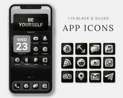 App Icons Ios Aesthetic Iphone Home Screen Themes Silver App Icons 110 Black Silver App I App Icon Apple Watch Apps Ios App Icon