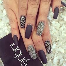 Square Black Acrylic Nails With Glitter Matte Black Square Tip Acrylic Nails W Silver Rhinestones Laque Nails Cute Nails Laque Nail Bar Rhinestone Nails