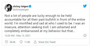.as she apologizes for past bullying tweets aimed at other celebrities including lindsay lohan and chrissy teigen, 35, writes medium post in response to backlash over tweets model was off social media for a month since scandal over old tweets erupted Did John Legend S Wife Chrissy Teigen Bully Former Mtv Star Courtney Stodden Encourage Suicide