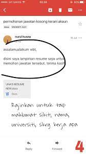 Terdapat beberapa contoh permohonan kerja melalui email yang mungkin boleh anda perhatikan. 90 Permohonan Kerja Diterima Lebih 30 Terpaksa Di Reject Sebab Tak Ikut Format