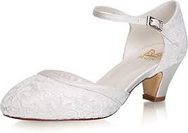 Shoes of bright colors felicitously complement a bright dress but they can combine with white, creating the pair with the grooms suit. Amazon Com Jiajia 8963 Women S Memory Foam Bridal Shoes Closed Toe 1 9 Block Low Heel Lace Satin Pumps Wedding Shoes Pumps