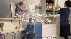 Use a brush to get into corners and detailed areas. Single Wide Mobile Home Renovation How To Paint Mobile Home Cabinets Step By Step Farmhouse Style Youtube