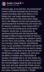 Moments ago, at my direction, the United States Central Command executed one of the most powerful bombing raids in the History of the Middle East, and totally obliterated every MILITARY target in