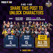 You will receive gold at the end of every game. Garena Free Fire Unlock Free Characters Share This Post Now Hey Free Fire Players From 8 Aug To 11 Aug This One Time Only Opportunity Is Given To You Share This Post To